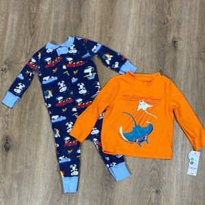 Hanna Andersson Peanuts onesie with snoopy & carters beach sun protection top